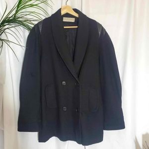 Otello Pelle Vintage Black Overcoat with Leather Detailed Shoulder Sleeves